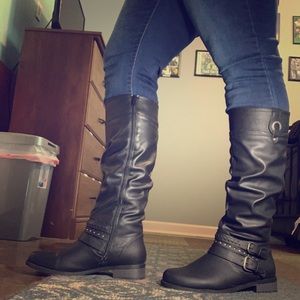 Black Boots - Faux Leather Biker Boots - Size 8